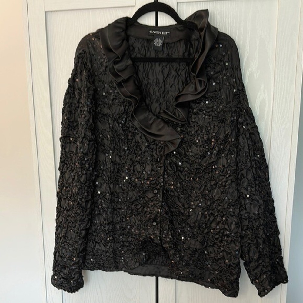Vintage 90s Cachet Satin Crinkle Sequined Black Jacket w/ Ruffled Collar Size 14